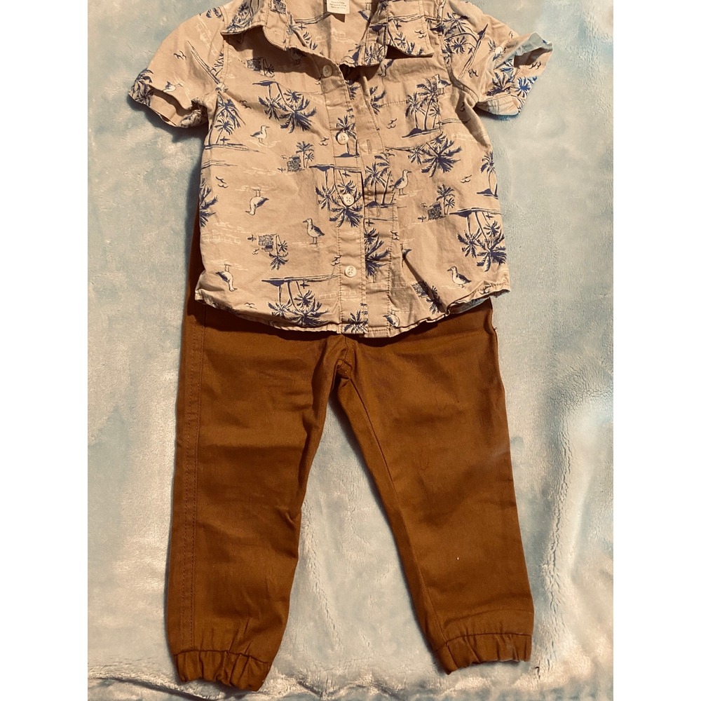 Carters Boys 18M Tropical Palm Tree Button Down Shirt and Brown Jogger Pants Set